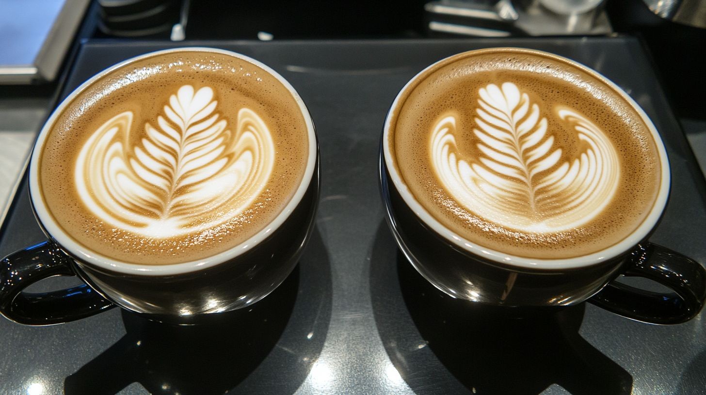 Detailní pohled na dvě cappuccina s precizně vytvořeným latte art vzorem